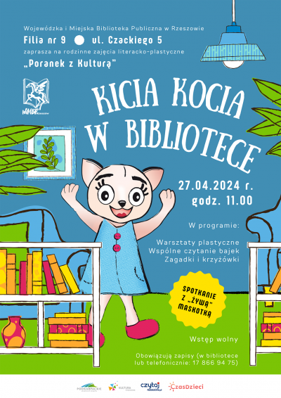 Grafika promująca spotkanie z Kicią Kocią w Filii nr 9 w Rzeszowie